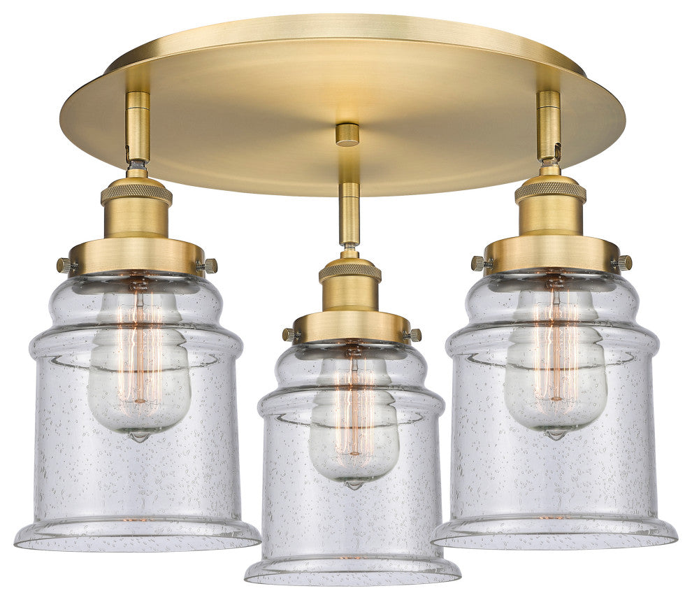 Canton-3 Light 18" Flush Mount-Brushed Brass, Seedy Glass Shade