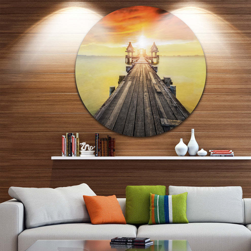 Huge Wooden Pier Into Yellow Sun, Seascape Disc Metal Wall Art, 36"