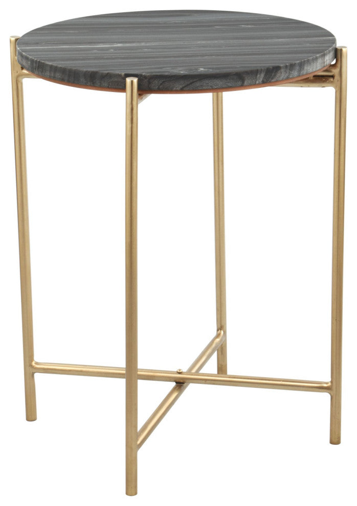 Sofa Side Table, Round, Artificial Marble, Iron Metal, Gray, Gold, Lounge