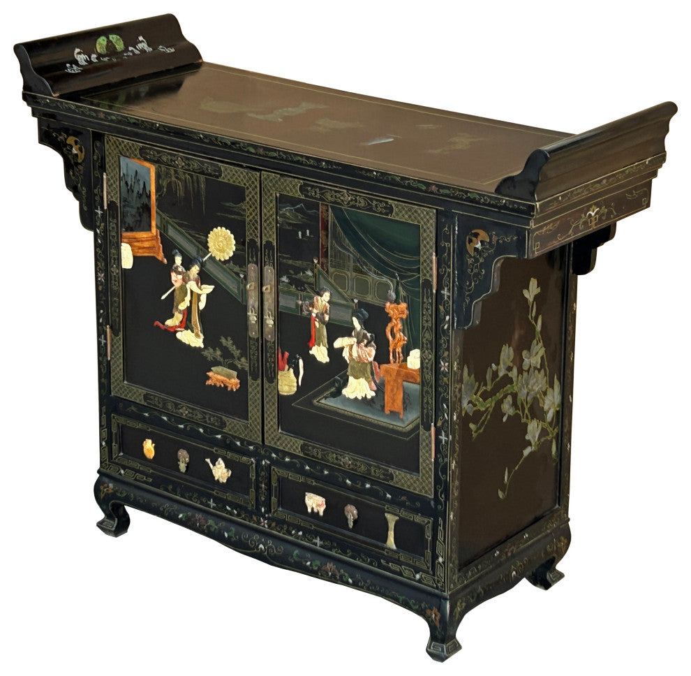 Vintage Chinoiseries Black Stone Inlay Graphic Credenza Storage Cabinet Hws4256
