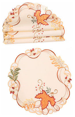 Falling Leaves Embroidered Cutwork 12-Inch Round Doilies, Set of 4