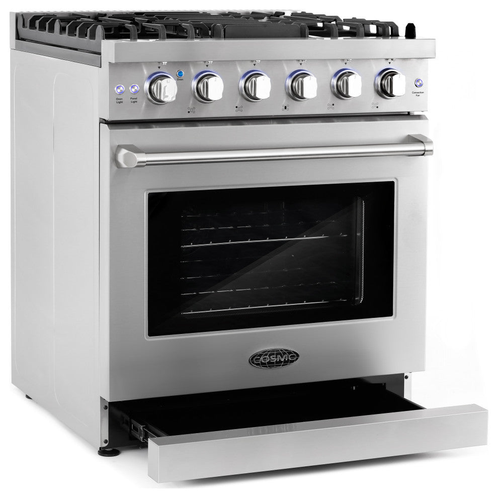 4-Piece, 30" Gas Range, 30" Range Hood, 24" Dishwasher and Refrigerator