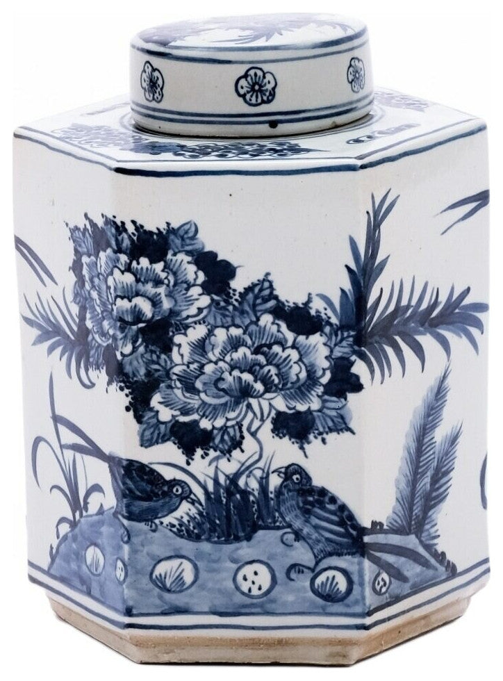 Blue and White Bird Motif Porcelain Tea Caddy Jar, 11"
