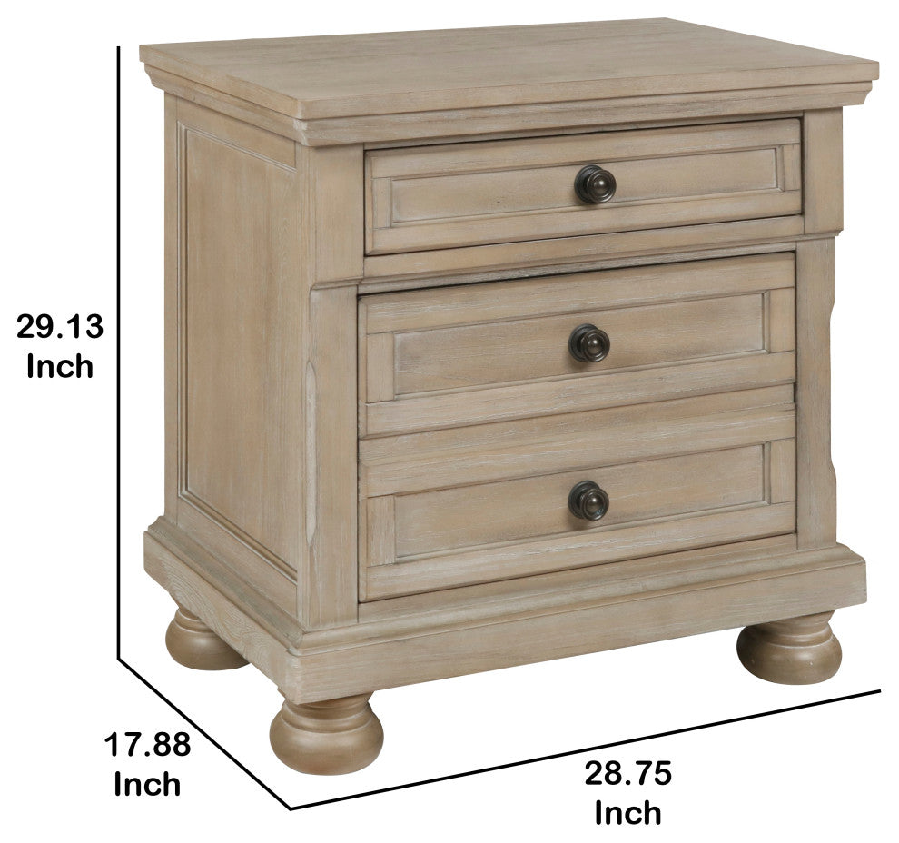 Benzara BM220427 3 Drawer Wooden Nightstand With Round Knobs, Weathered Brown