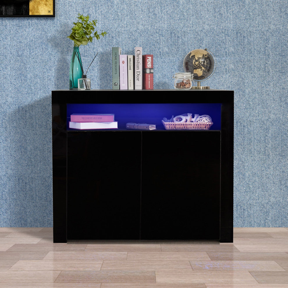 Wood Double Door Accent Cabinet with LED Light, Black, 42'' X 16''