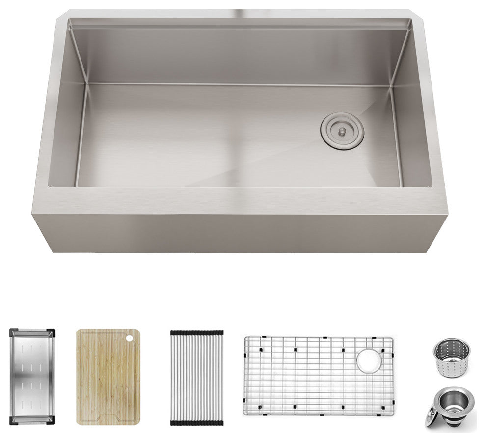 Sinber Single Bowl Kitchen Sink with 304 Stainless Steel Satin Finish, 33"x20" Workstation, Apron/Farmhouse