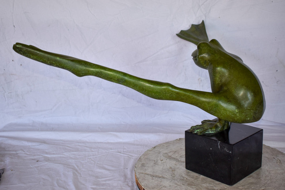 Acrobatic Frog Green Patina Bronze Statue Mounted on A Marble  43" x 26" x 20"