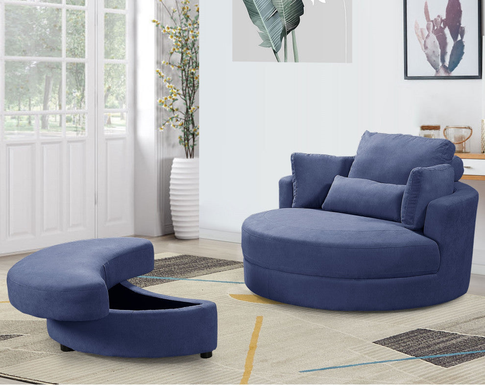Modern Grey Sofa with a Storage and a Big Round Linen Fabric Chair for Lounge, Blue