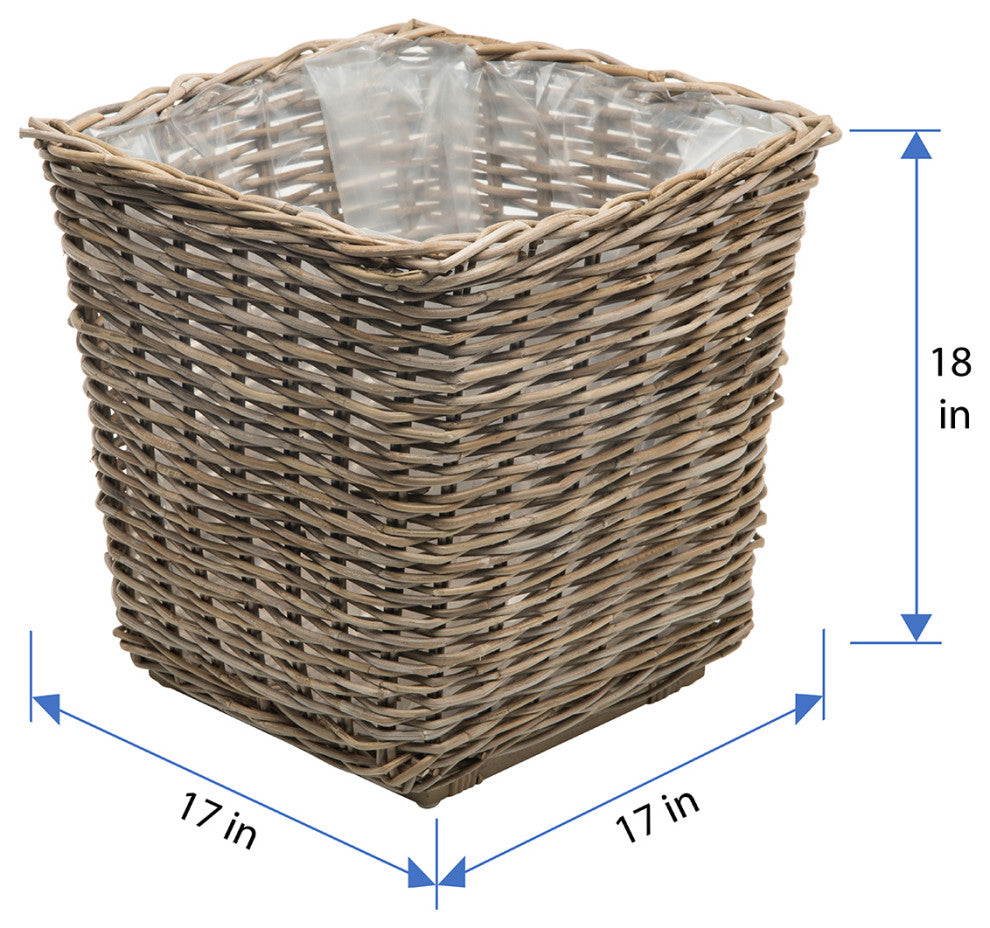 Rattan Kobo Square Planter With Plastic Liner, Gray