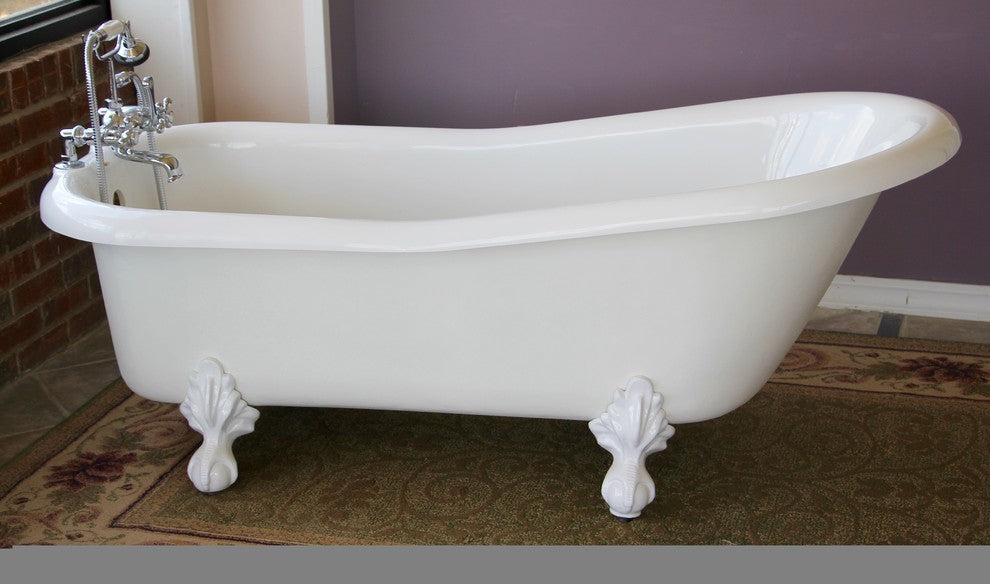 Ambassador White Slipper Clawfoot Tub With Bronze Feet, Drilled Rim Faucets