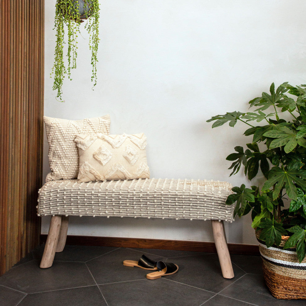 Marlie 48" Long Handwoven Natural Wool and Eucalyptus Wood Bench