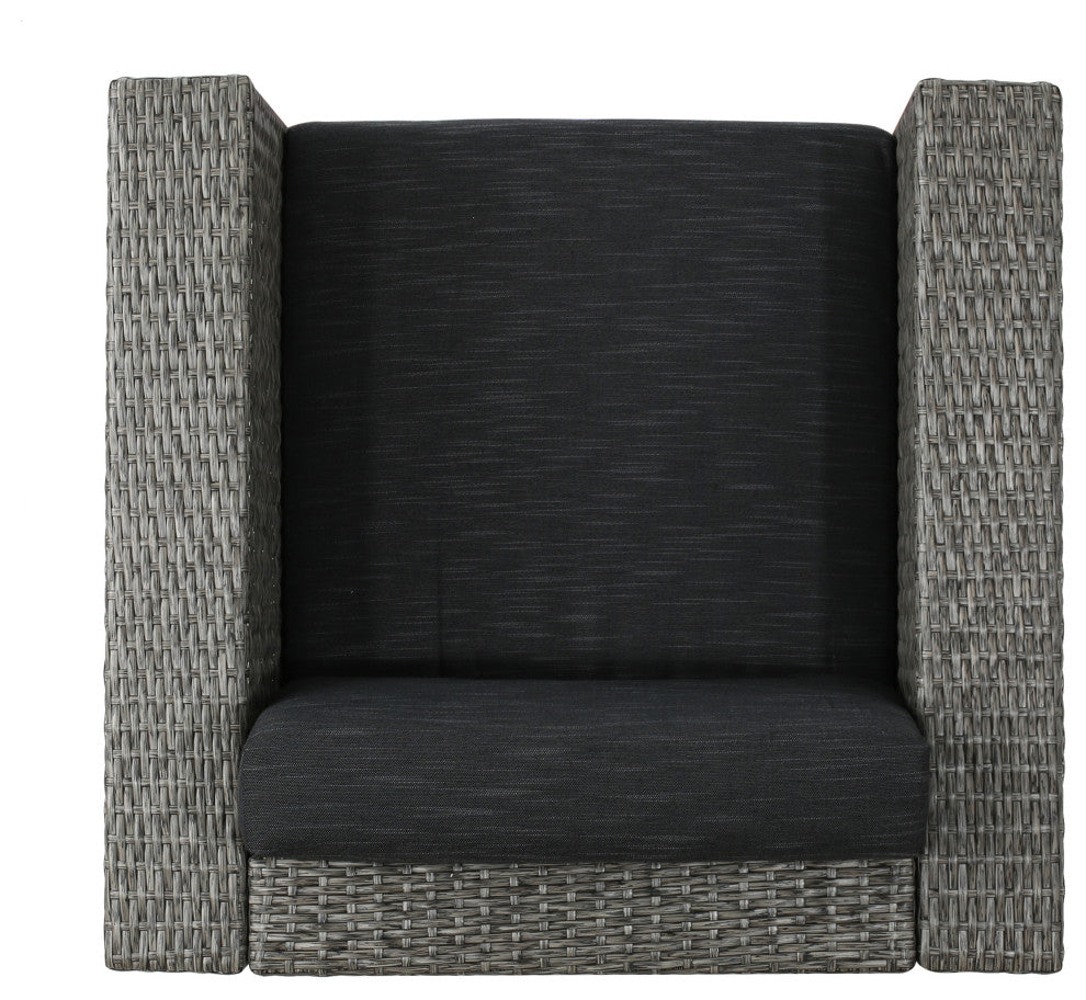 GDF Studio Phillips Outdoor 6 Seater Wicker Sofa and Chair Set With Cushions, Dark Gray/Mixed Black Cushion