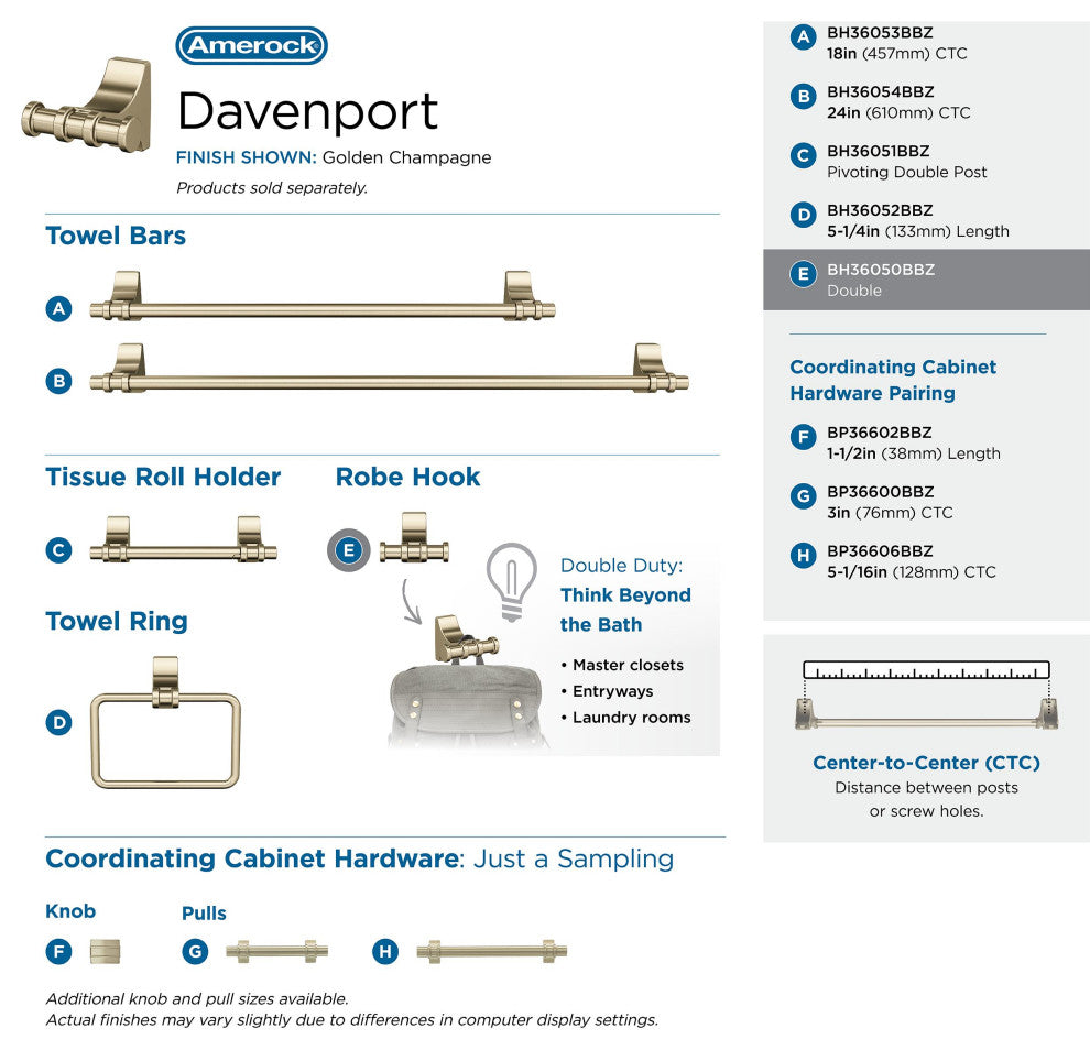 Davenport Transitional Double Robe Hook, Golden Champagne