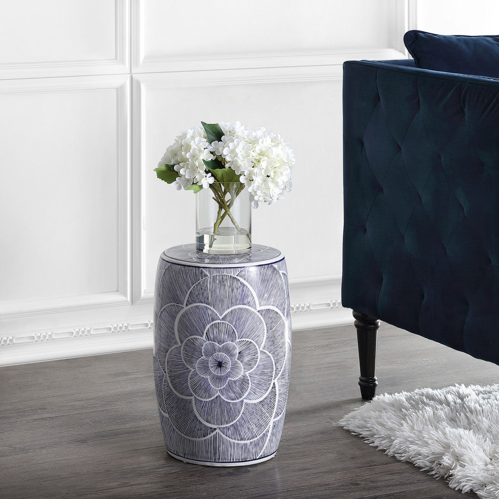 Camellia 17" Ceramic Drum Garden Stool, Blue