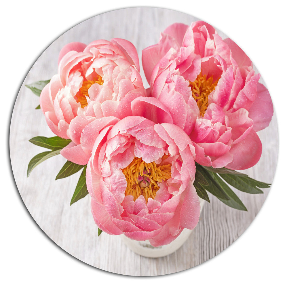 Peony Flowers On White Floor, Floral Disc Metal Wall Art, 36"