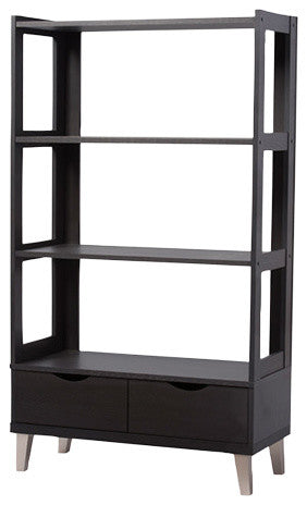 Kalien Dark Brown Wood Leaning Bookcase With Display Shelves and Two Drawers