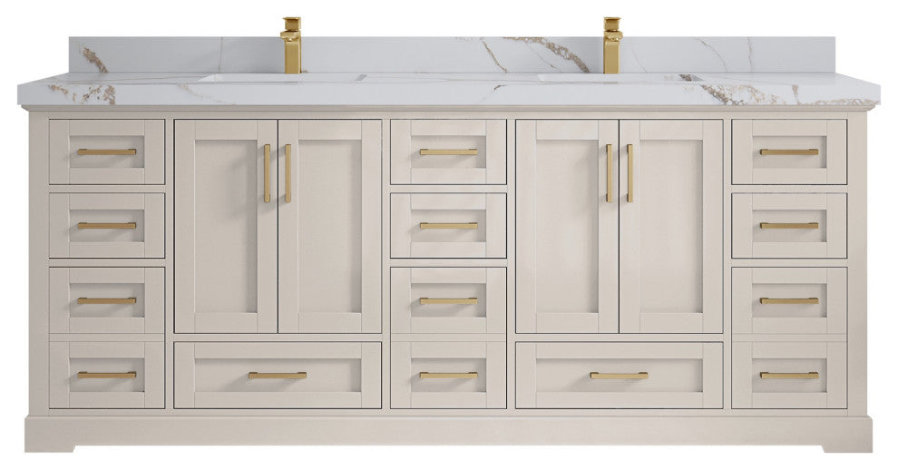 Boston 84" Double Sink Bath Vanity in Fine Grain 2" Calacatta Gold