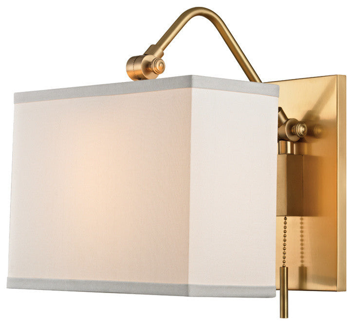 Leyden, 1 Light, Wall Sconce, Aged Brass Finish, White Silk