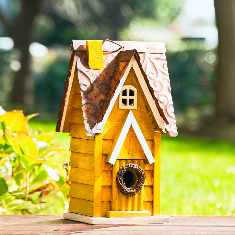 12"H Retro Distressed Solid Wood Cottage Birdhouse