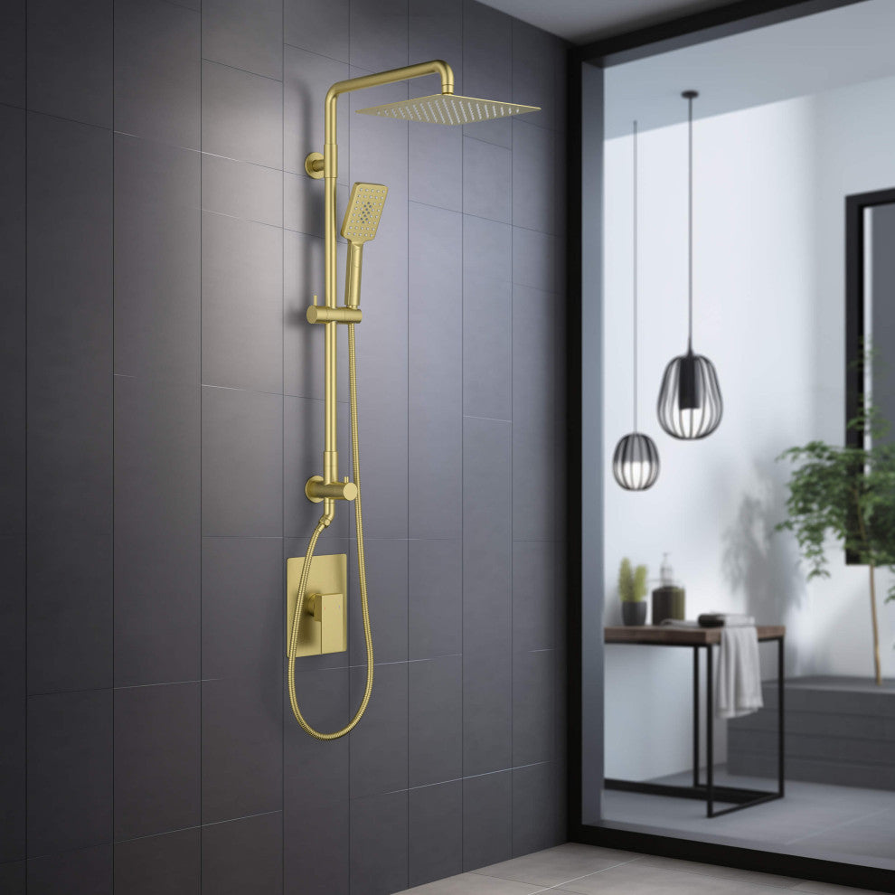 Cube 2-Function Shower Column, Rough, Valve, Brushed Gold