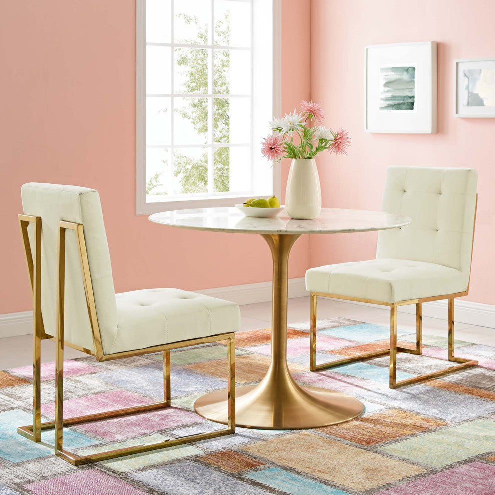 Side Dining Chair, Set of 2, Velvet, Metal, Gold Ivory White, Modern, Bistro