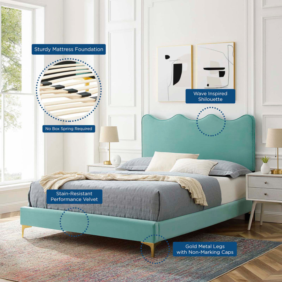 Platform Bed Frame, King Size, Blue, Velvet, Modern, Bedroom Master Guest Suite