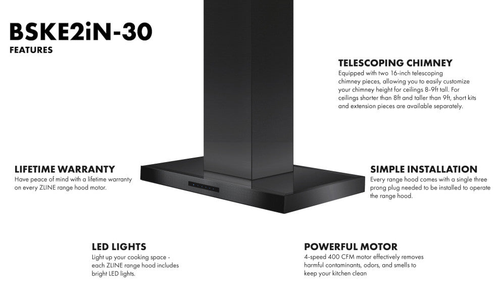 ZLINE 30" Island Mount Range Hood in Black Stainless Steel (BSKE2iN-30)