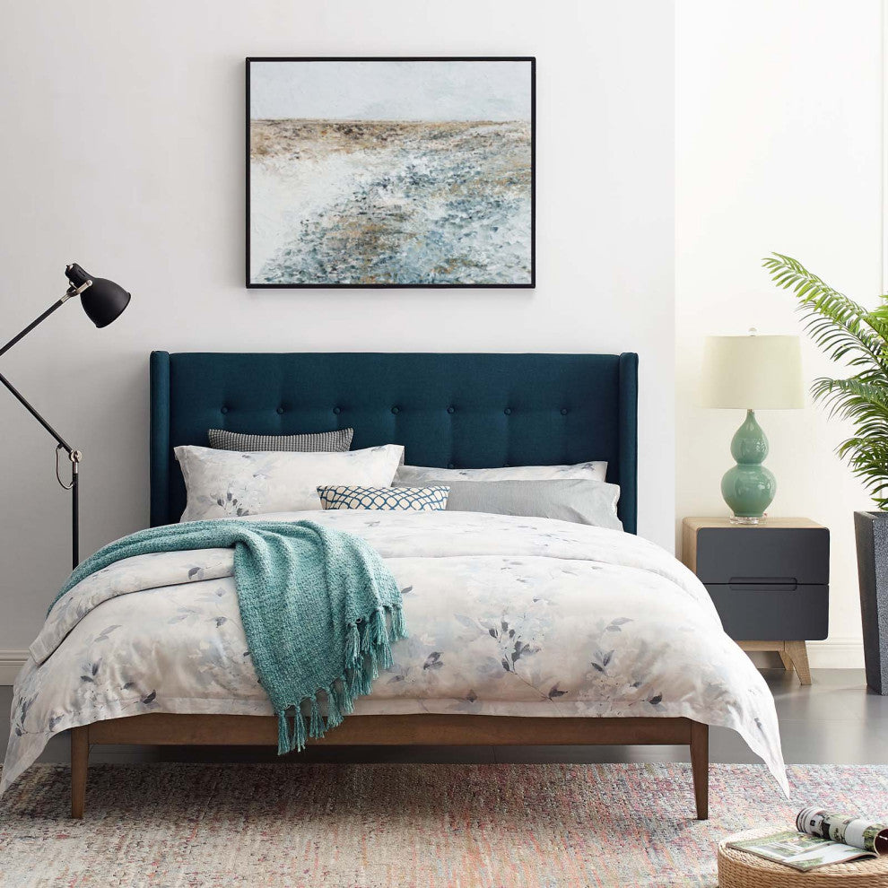 Contemporary Modern Bedroom Queen Size Platform Bed Frame, Fabric, Blue