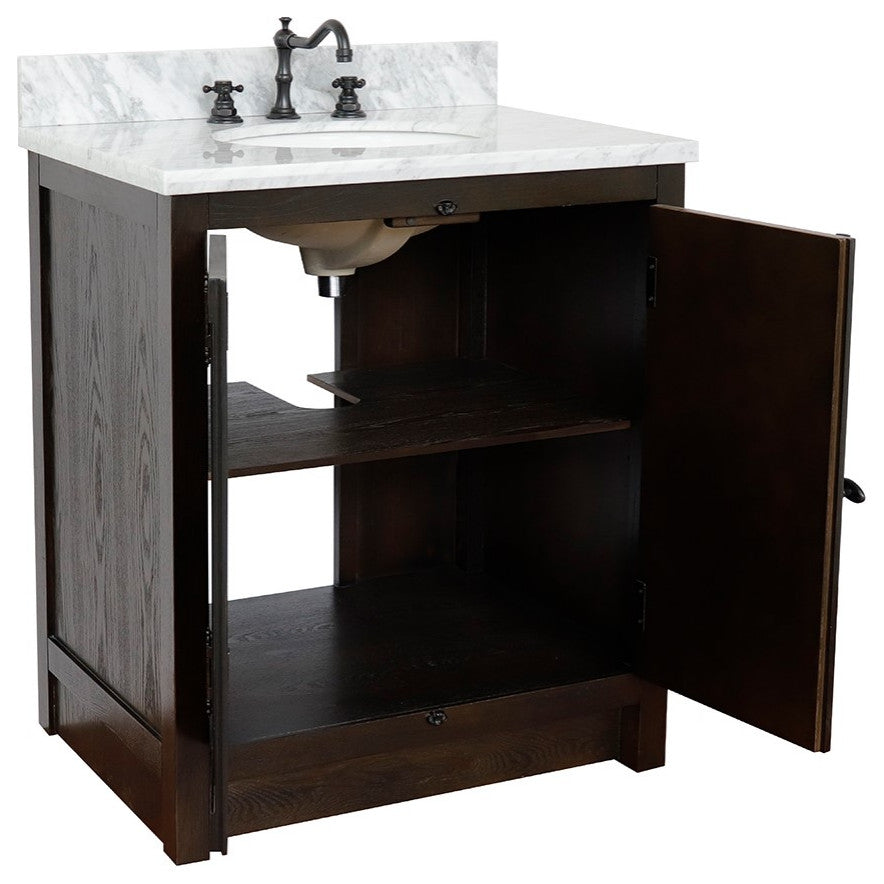 30" Single Vanity, Brown Ash, White Carrara Top, Oval Sink