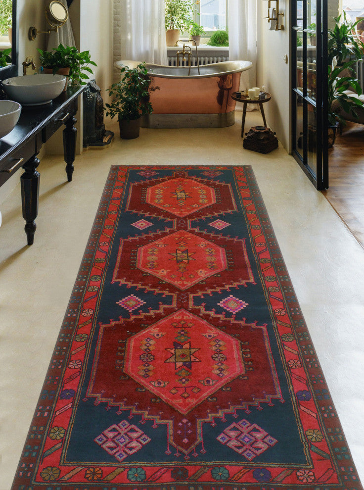Fine Vintage Distressed Delvis Burgundy/Navy Runner, 4'2x11'5
