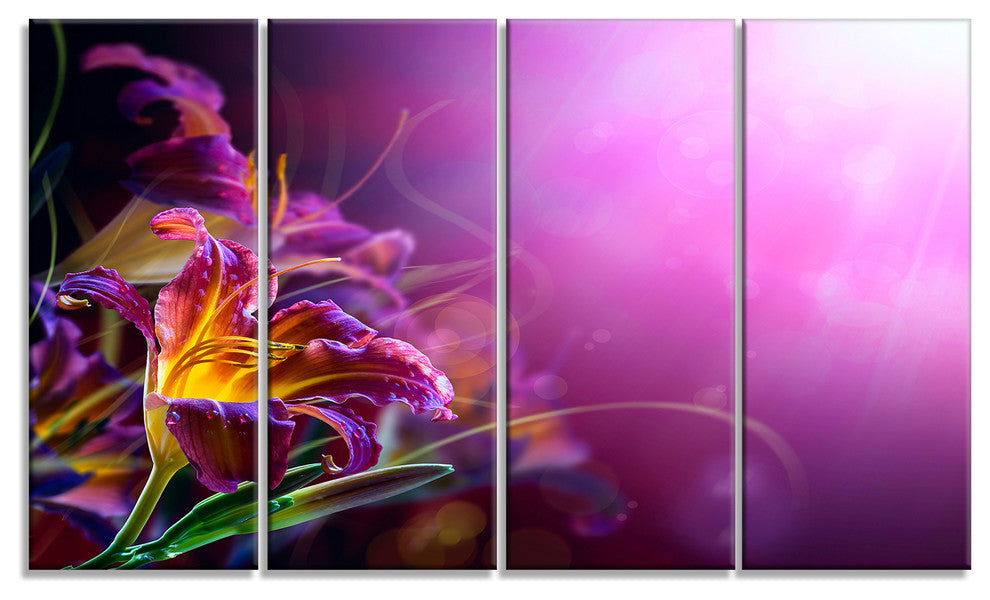 Flowers on Purple Background, Floral Canvas Art Print, 48"x28", 4 Panels