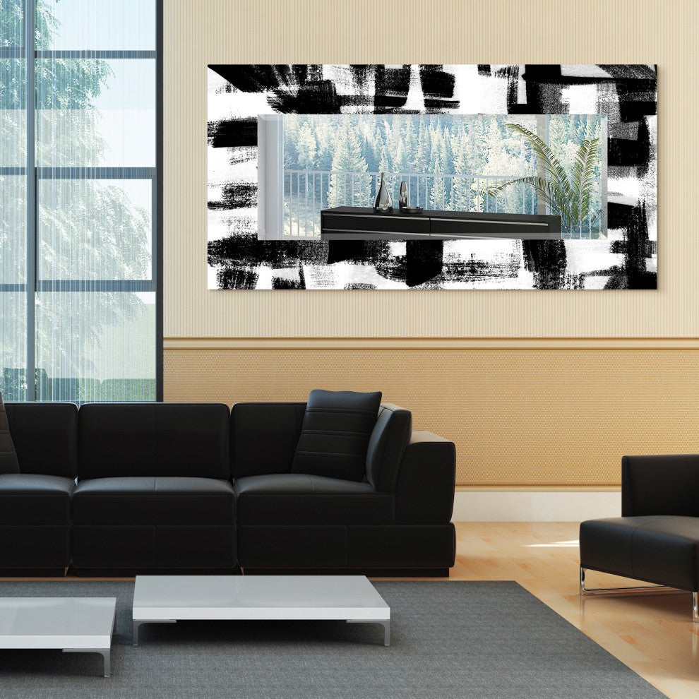 Abstract Rectangular Beveled Wall Mirror on Free Floating Printed Tempered Glass