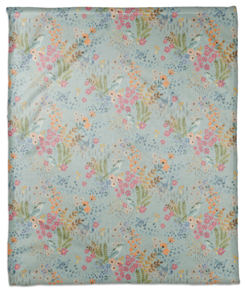 Butterfly Bird Floral on Blue 50x60 Coral Fleece Blanket
