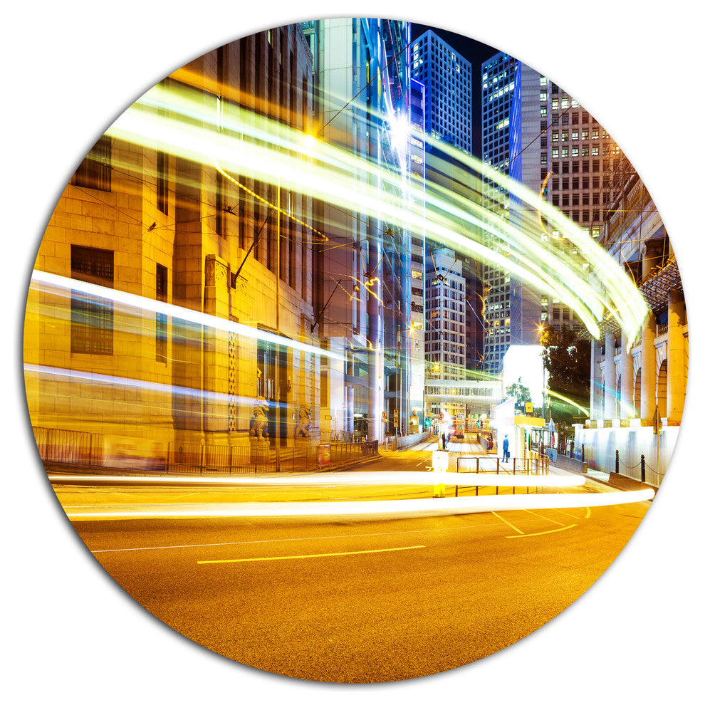Blur Motion Traffic Trail In City, Cityscape Disc Metal Wall Art, 11"