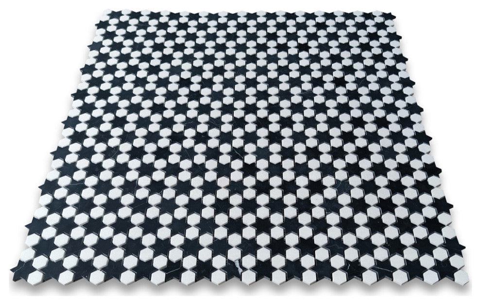Thassos White Marble Starry Night Hexagram Hexagon Mosaic Tile Black, 1 sheet