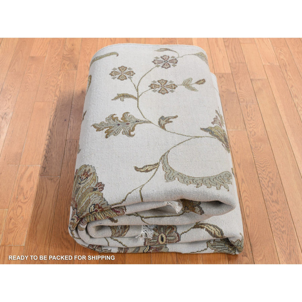 Timberwolf Gray, Rajasthan Design, Wool and Silk Hand Knotted Rug, 6'x9'2"