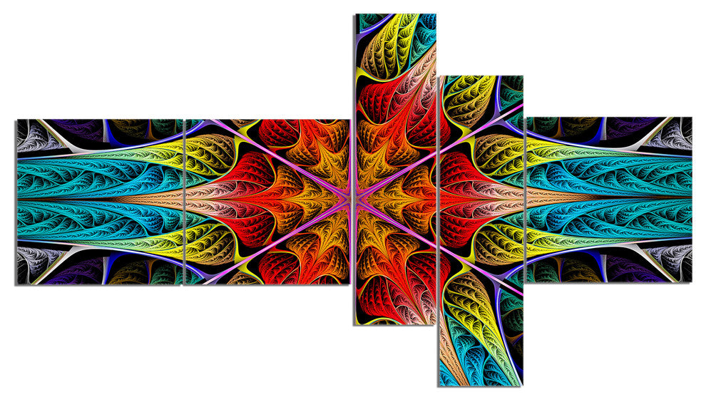 Colorful Fractal Stained Glass, Abstract Canvas Print Art, 60"x32", 5 panels