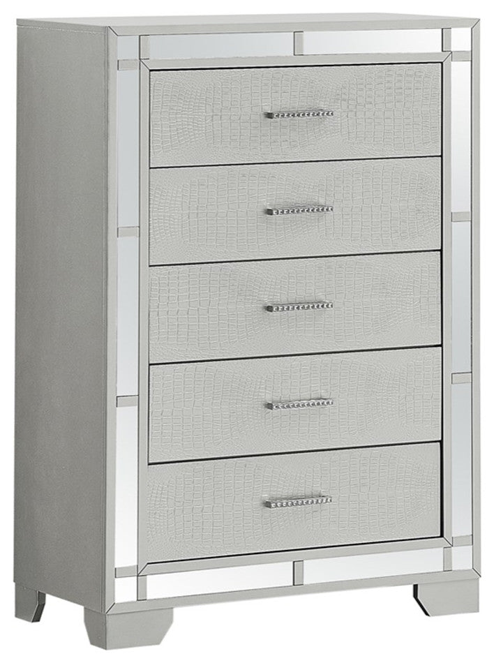 Maklaine Modern styled Wood 5 Drawer Chest Silver Champagne Finish