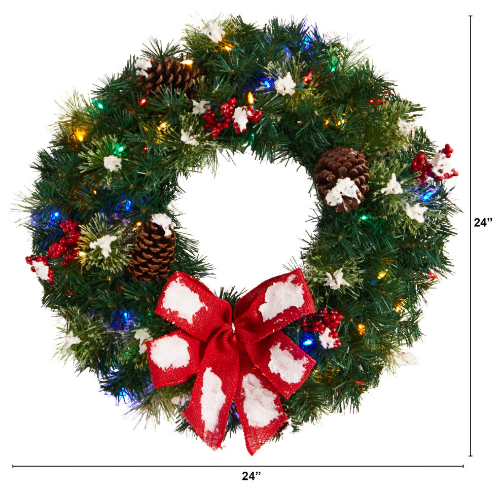 24" Snow Tipped Berry and Pinecone Faux Wreath With Bow and 50 LED Lights