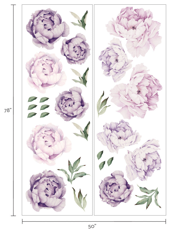 Peony Flowers Vinyl Wall Sticker, Large Set, Mixed Lavender Purple