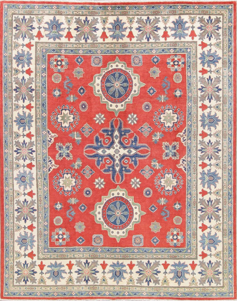 Traditional Pakistani Kazak Handmade Oriental Area Rug Wool, Red, 9'11"X7'10"