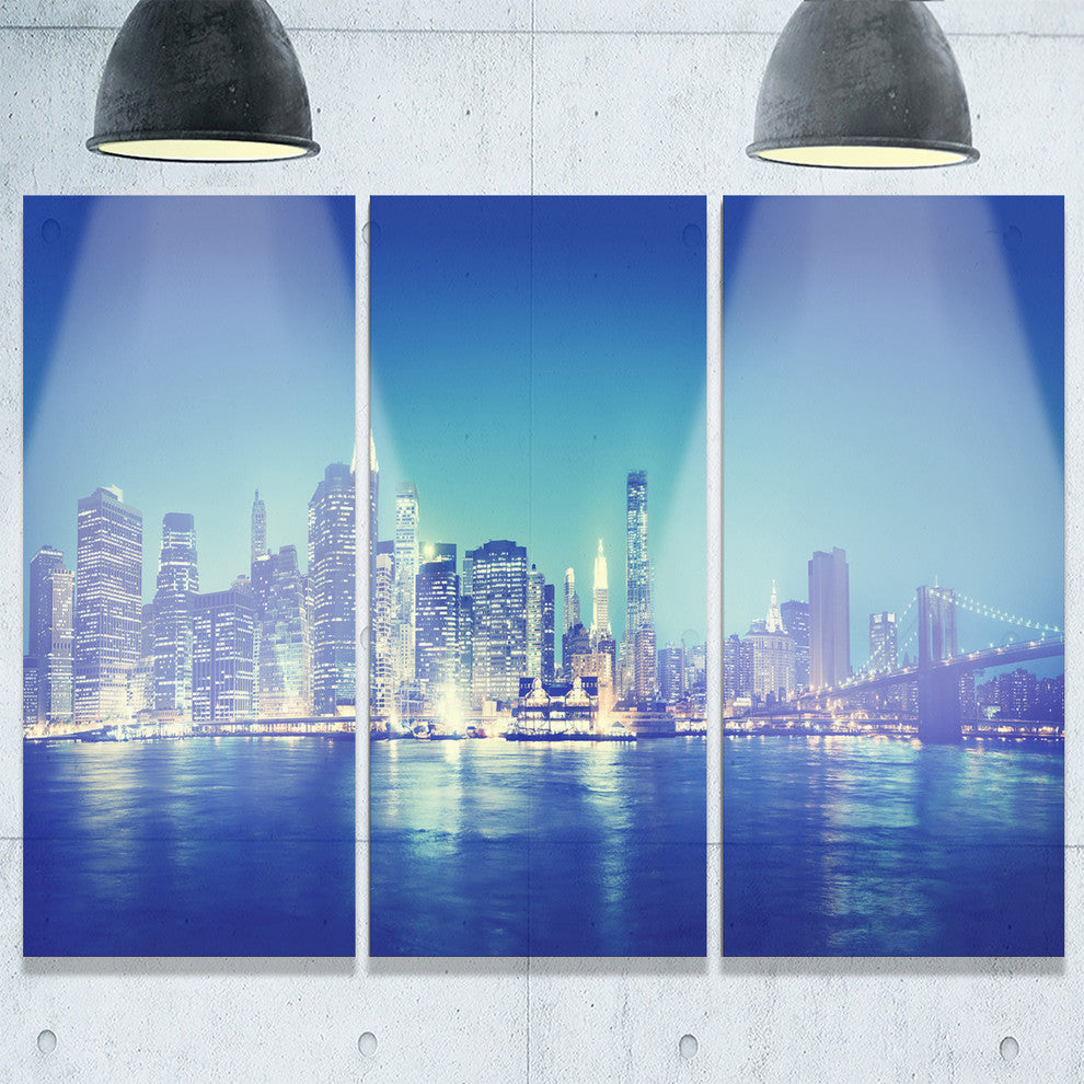"Blue New York City at Night Panorama" Metal Wall Art, 3 Panels, 36"x28"