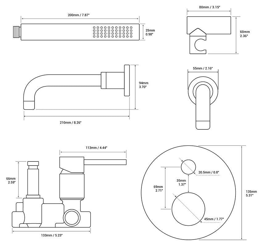 Wasser Solid Brass Bathtub Filler With Handheld Shower, Matte Black