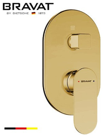 Bravat Shower Valve Mixer 2-Way Concealed Wall Mounted, Brushed Gold