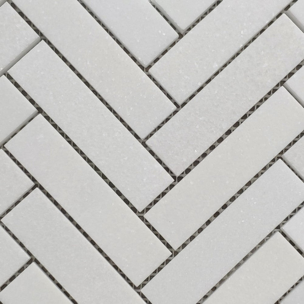 Thassos White Marble 1x4 Herringbone Mosaic Wall Floor Tile Honed, 1 sheet