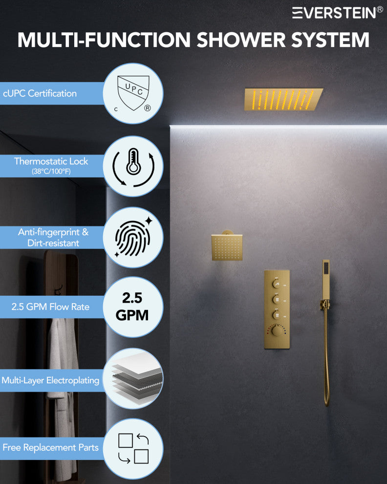 LED Dual Heads 12" Rain Shower System With Thermostatic 3-Way Faucet, Brushed Gold