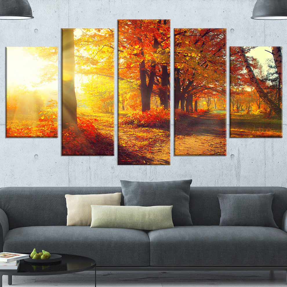 Autumnal Trees in Sunrays, Large Landscape Canvas Art Print, 60"x32", 5 Panels