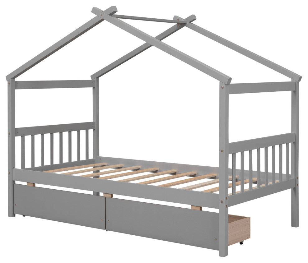 Gewnee Twin Size Wooden House Bed with Drawers, Gray