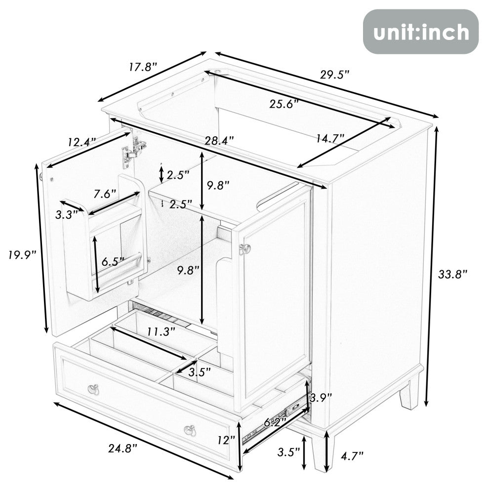 30" Freestanding Bath Vanity Cabinet Without Top, White