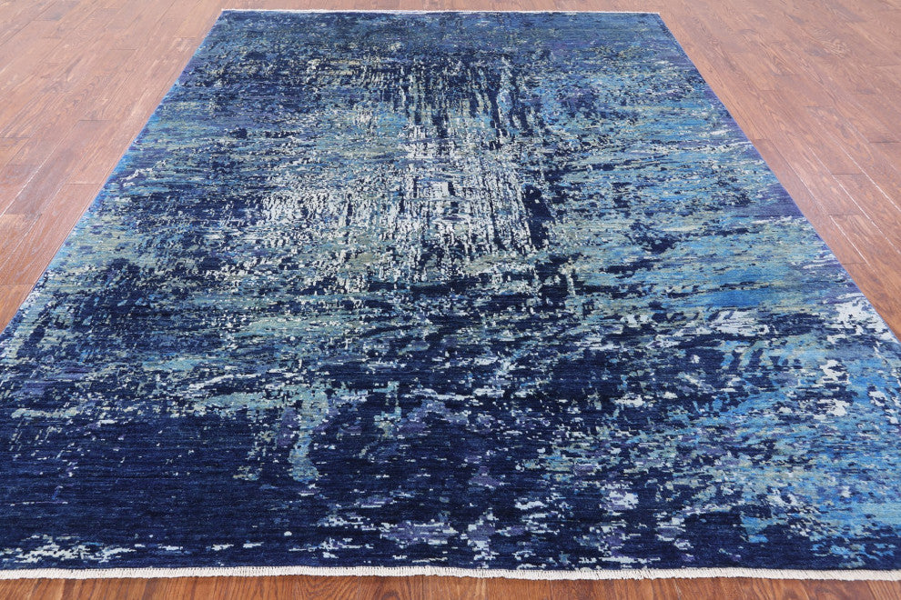 8' 2" X 9' 10" Abstract Wool and Silk Hand Knotted Rug Q4428